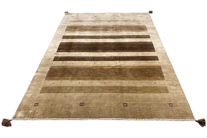 Gabbeh rug, large rectangular striped pattern, fringes at the corners