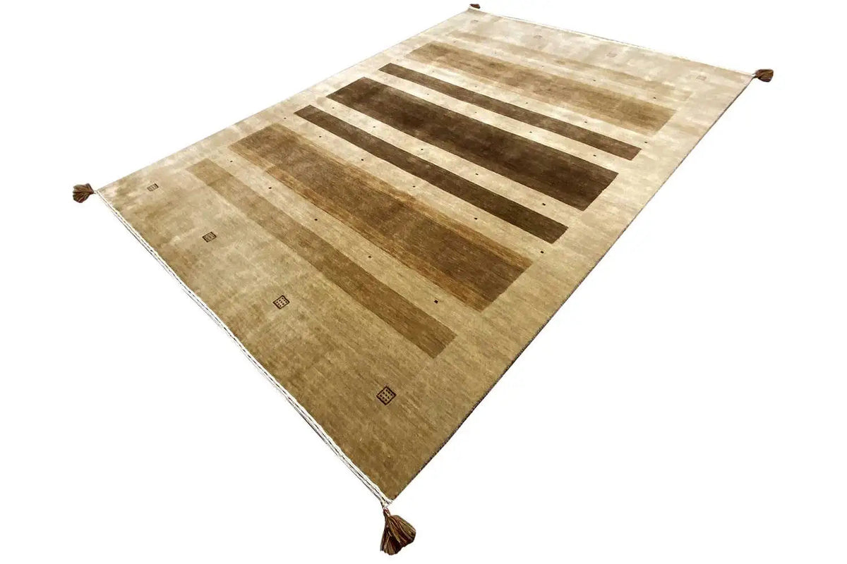 Gabbeh rug with wide beige and dark brown stripes, corner fringes