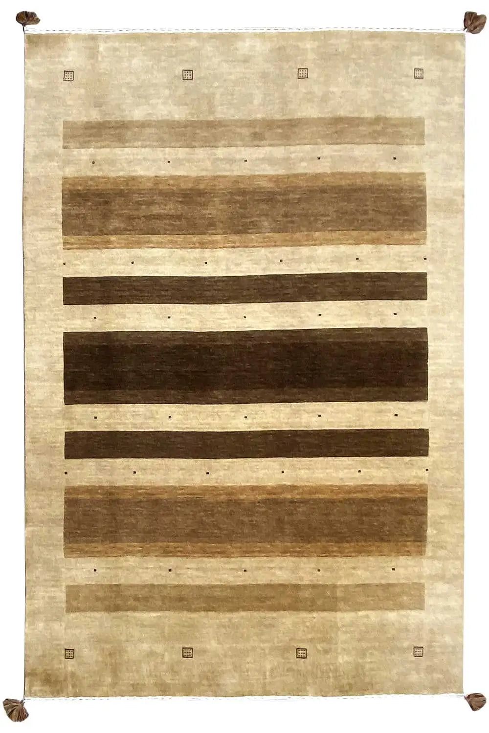 Gabbeh rug with a striped pattern and corner tassels, light brown and dark brown