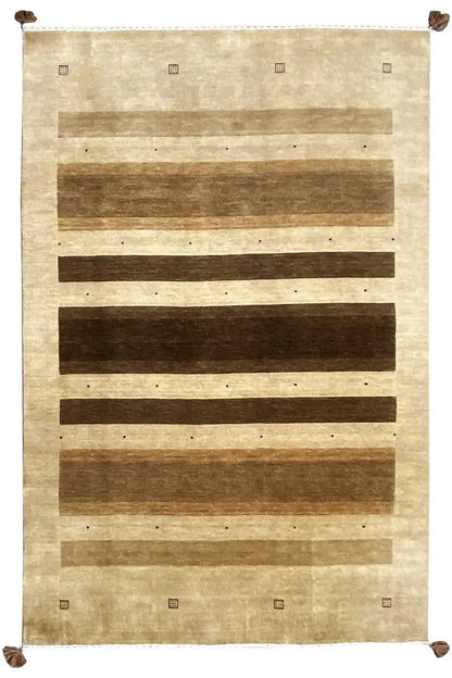 Gabbeh rug with a striped pattern and corner tassels, light brown and dark brown