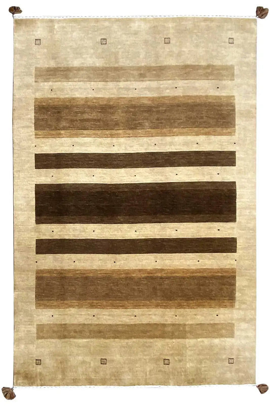 Gabbeh rug with a striped pattern and corner tassels, light brown and dark brown