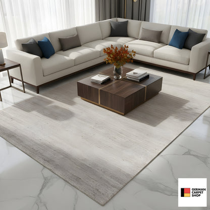 Beige Gabbeh rug with a short, mottled texture; laid out in the living area, 202x143 cm