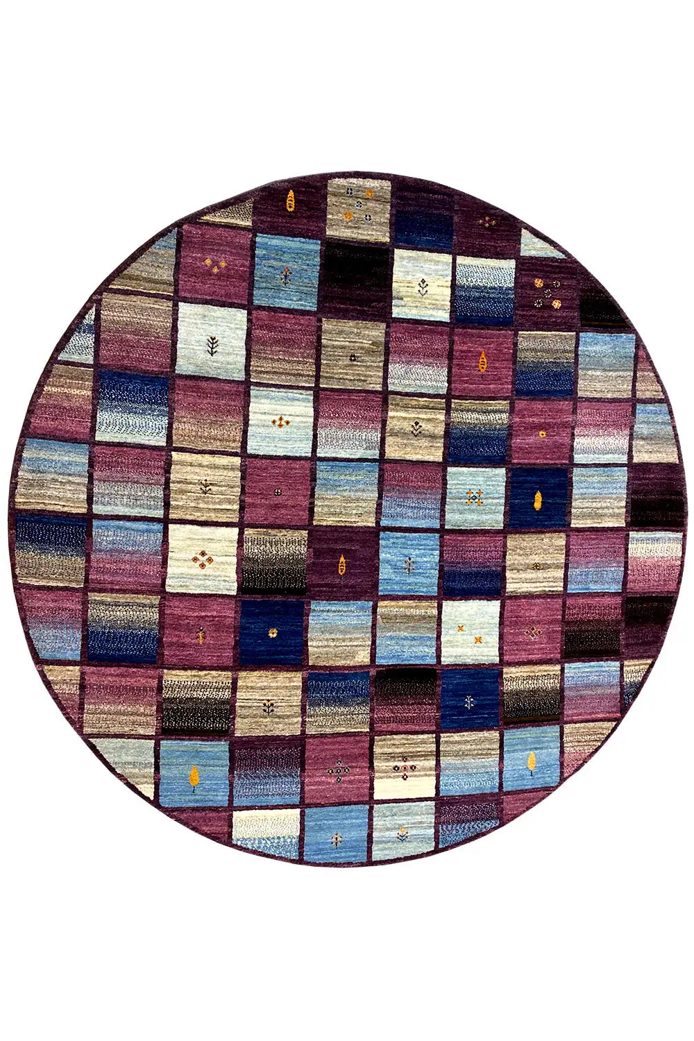 Oval Gabbeh rug with patterned patchwork squares in blue, Bordeaux, and beige