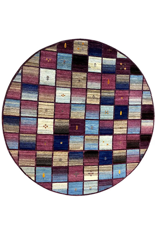 Oval Gabbeh rug with patterned patchwork squares in blue, Bordeaux, and beige