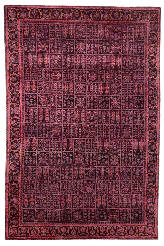 Dark red Gabbeh rug with a fine patterned grid and ornamental border