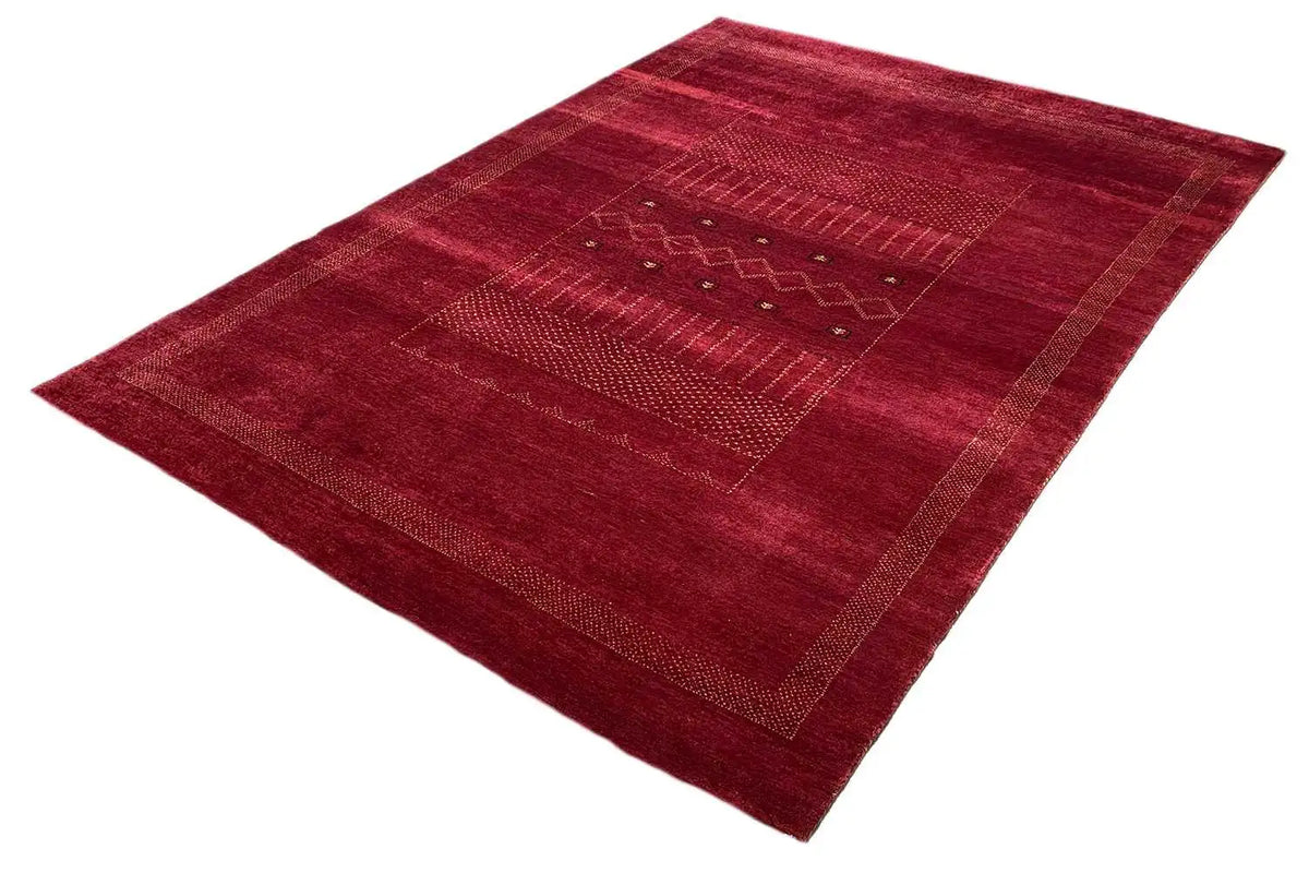 Gabbeh Lori rug in red, abstract line and diamond pattern, rectangular