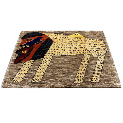 Gabbeh rug 118x79 cm with lion motif, brown-beige background and yellow ornamental stripes