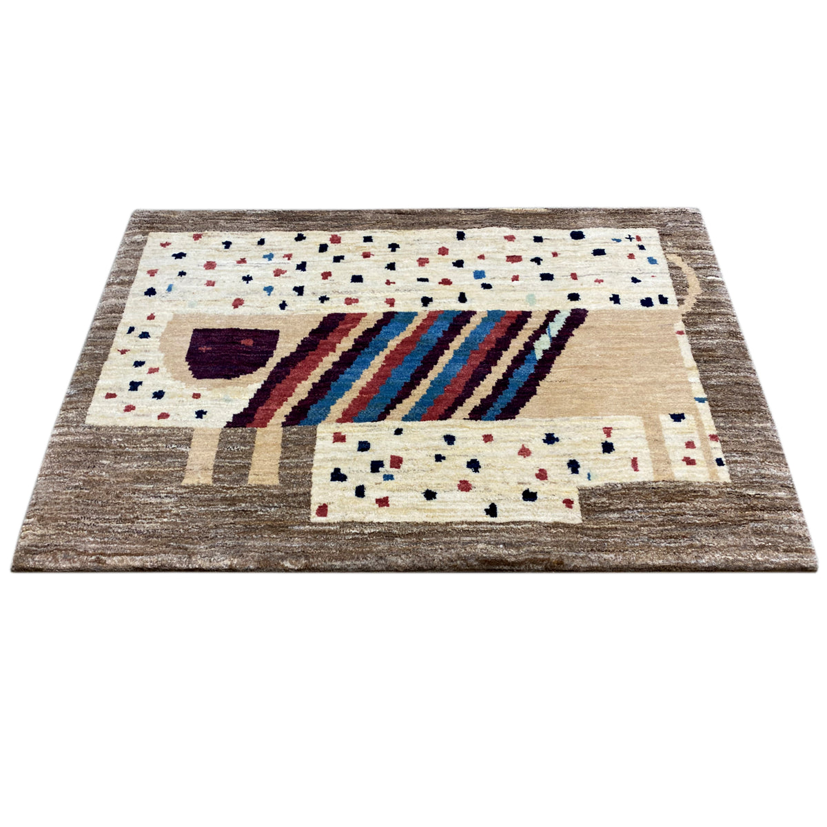 Rectangular Gabbeh rug: beige field with stripes and colorful dot patterns, brown border