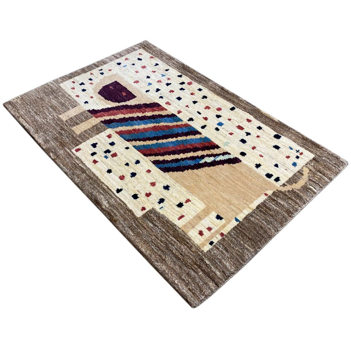 Rectangular Gabbeh rug, brown border with a cream-colored center and colorful stripes