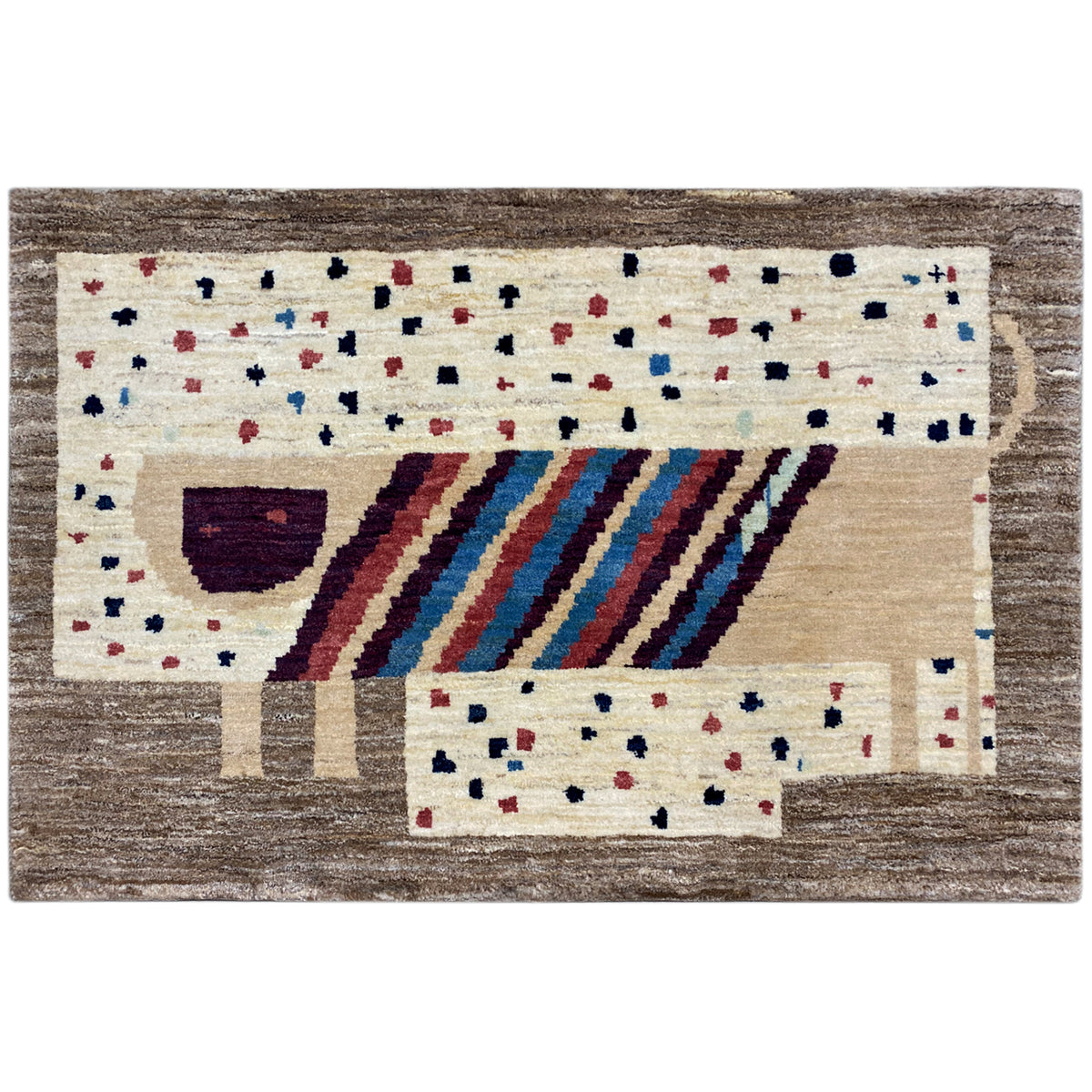 Gabbeh rug with a geometric pattern, stripes, and dots in cream, brown, and blue