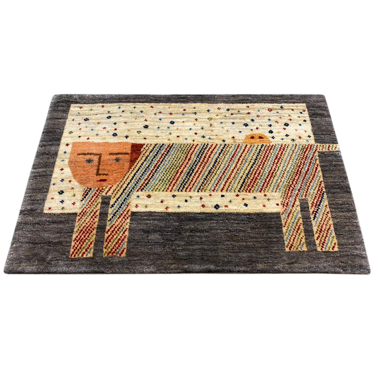Gabbeh rug with an elephant motif and colorful stripes, light cream-colored central area