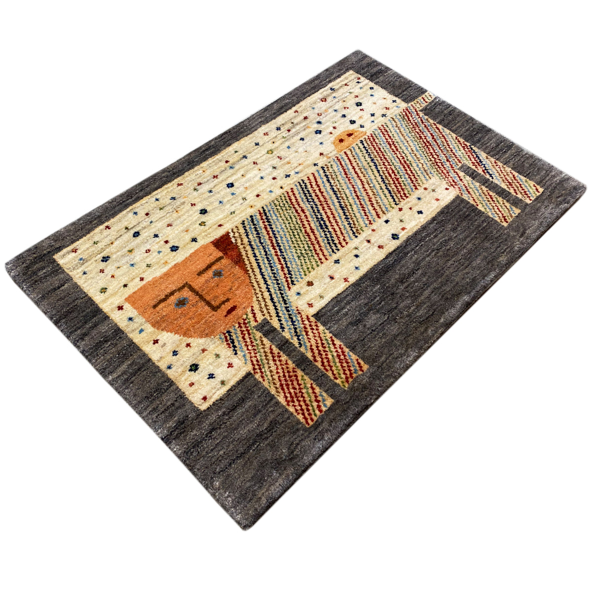 Gabbeh rug diagonal with elephant motif, colorful stripes, and dotted pattern
