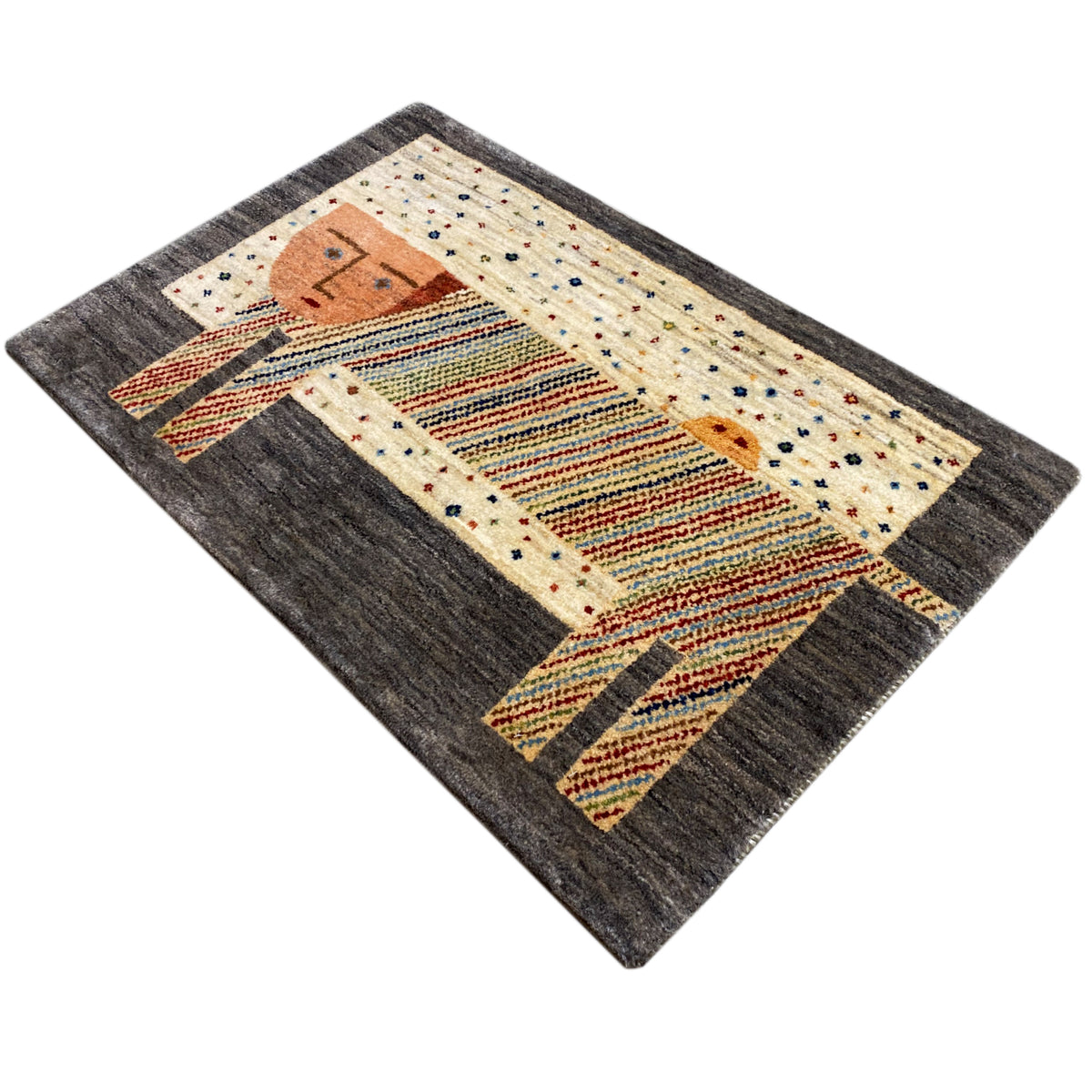 Gabbeh rug diagonal: Elephant and colorful ornaments on a dark gray background