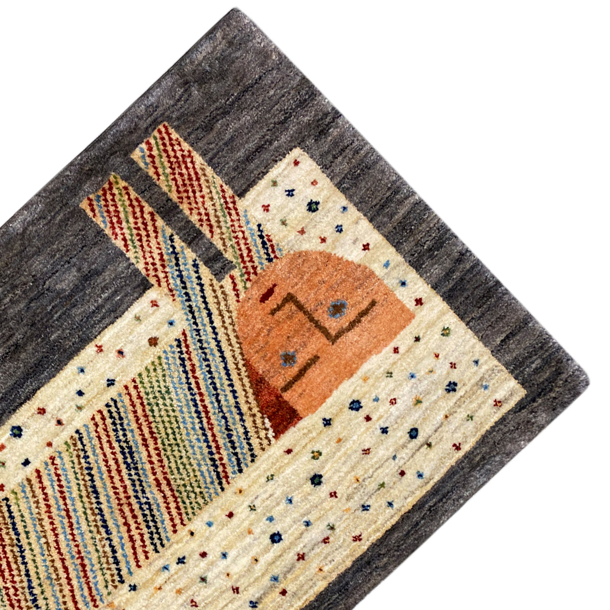 Gabbeh carpet from above: elephant and striped ornaments on a dark gray background
