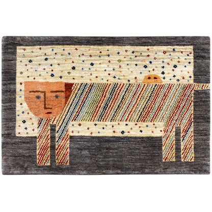 Gabbeh rug with an elephant motif, multicolored stripes, and a dark gray border