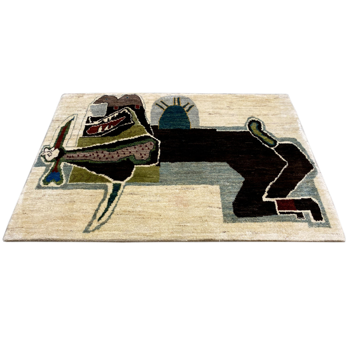 Rectangular Gabbeh rug with a beige background and a large figurative design in green, blue, and black
