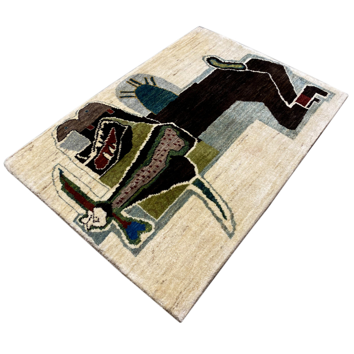 Gabbeh rug in a diamond pattern with a beige background and figurative design, blue-green-black