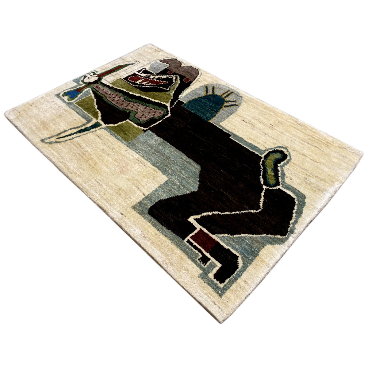 Gabbeh rug with a beige background, black figurative design, and green accents