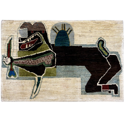 Gabbeh rug with a beige background and multicolored figurative design, black outlines