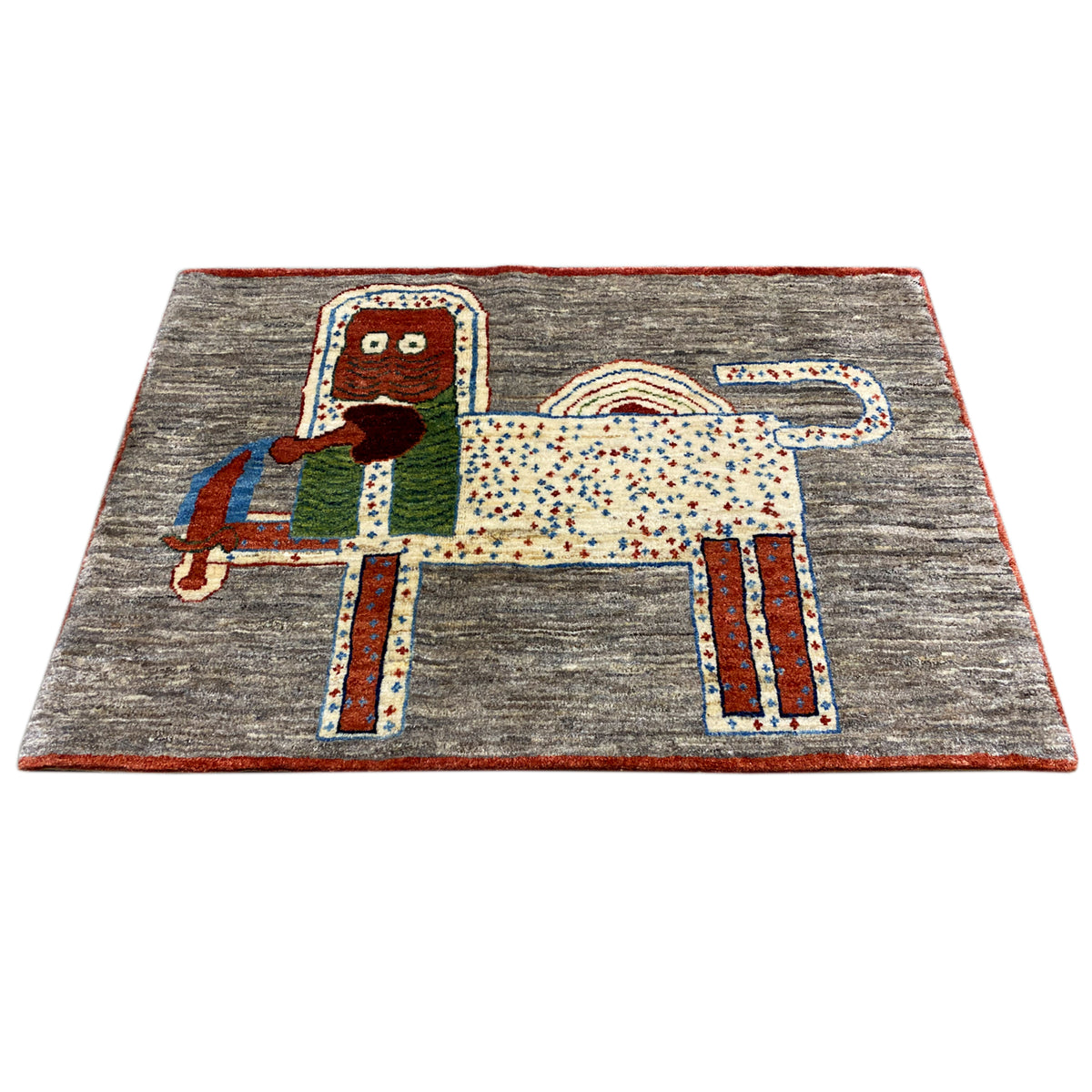 Lion Gabbeh rug 117x79 cm, gray field with an appliqué animal motif and red trim