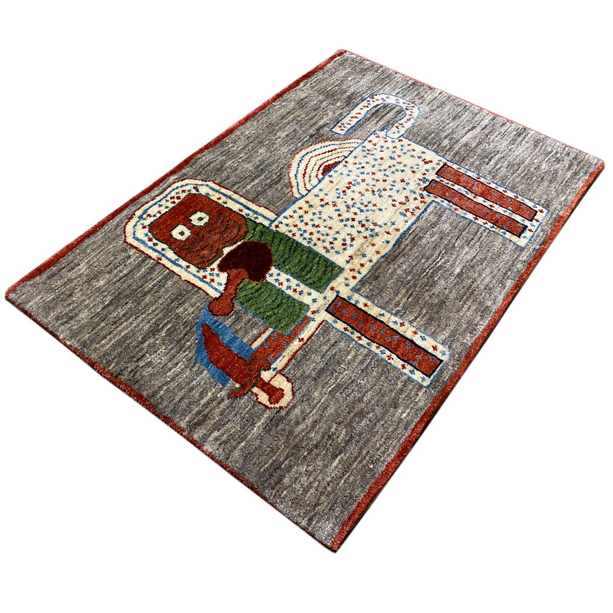 Lion gabbeh rug 117x79 cm, diagonal view of an animal motif with colorful outlines