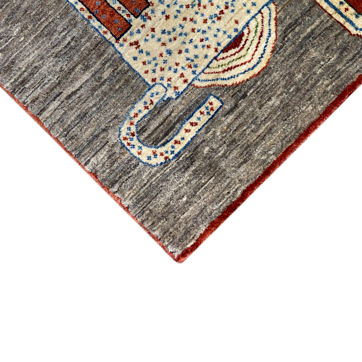 Lion Gabbeh rug 117x79 cm Detail: gray pile with animal motif and red border