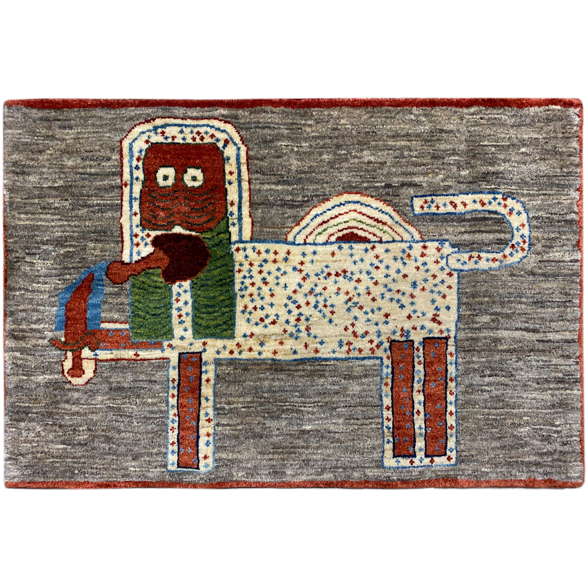 Lion Gabbeh rug 117x79 cm with animal design and multicolored border on a gray background