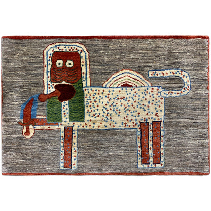 Lion Gabbeh rug 117x79 cm with animal design and multicolored border on a gray background