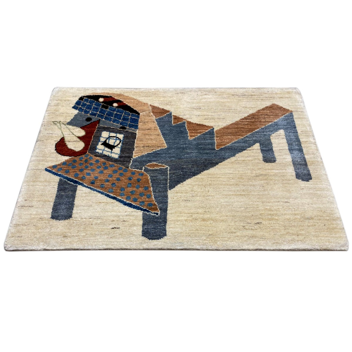 Gabbeh rug with an abstract figure design, beige, blue-gray, brown, and red