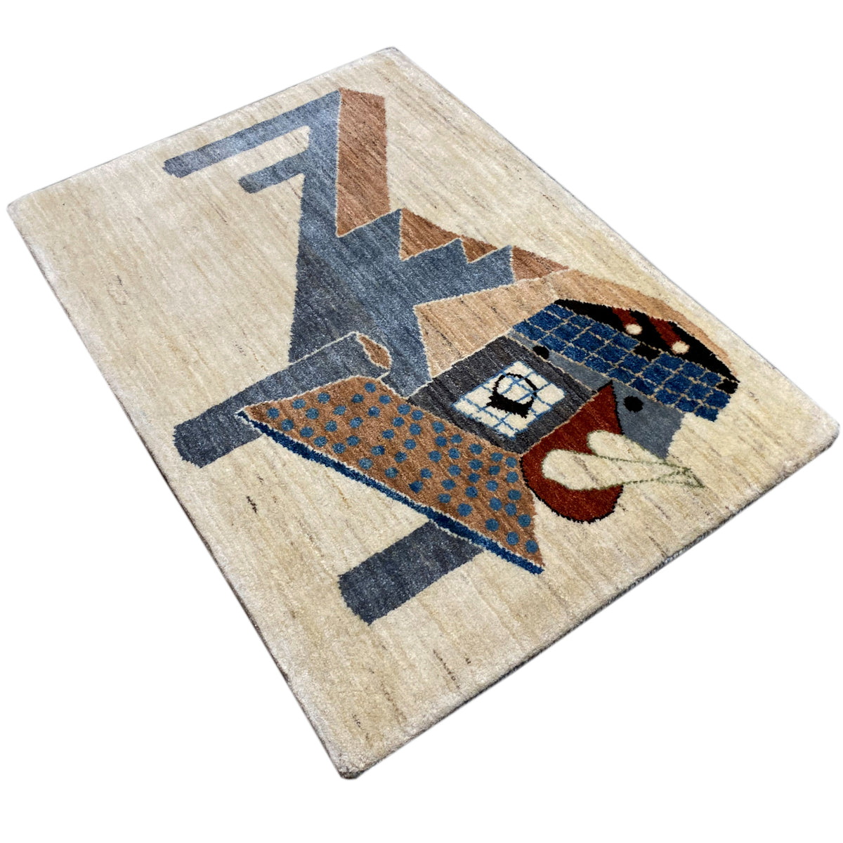 Abstract Gabbeh rug, beige with large blue and brown areas