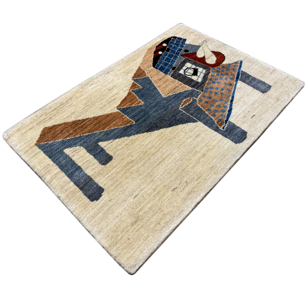 Abstract gabbeh rug, beige with blue, brown, and red elements