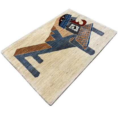 Abstract gabbeh rug, beige with blue, brown, and red elements
