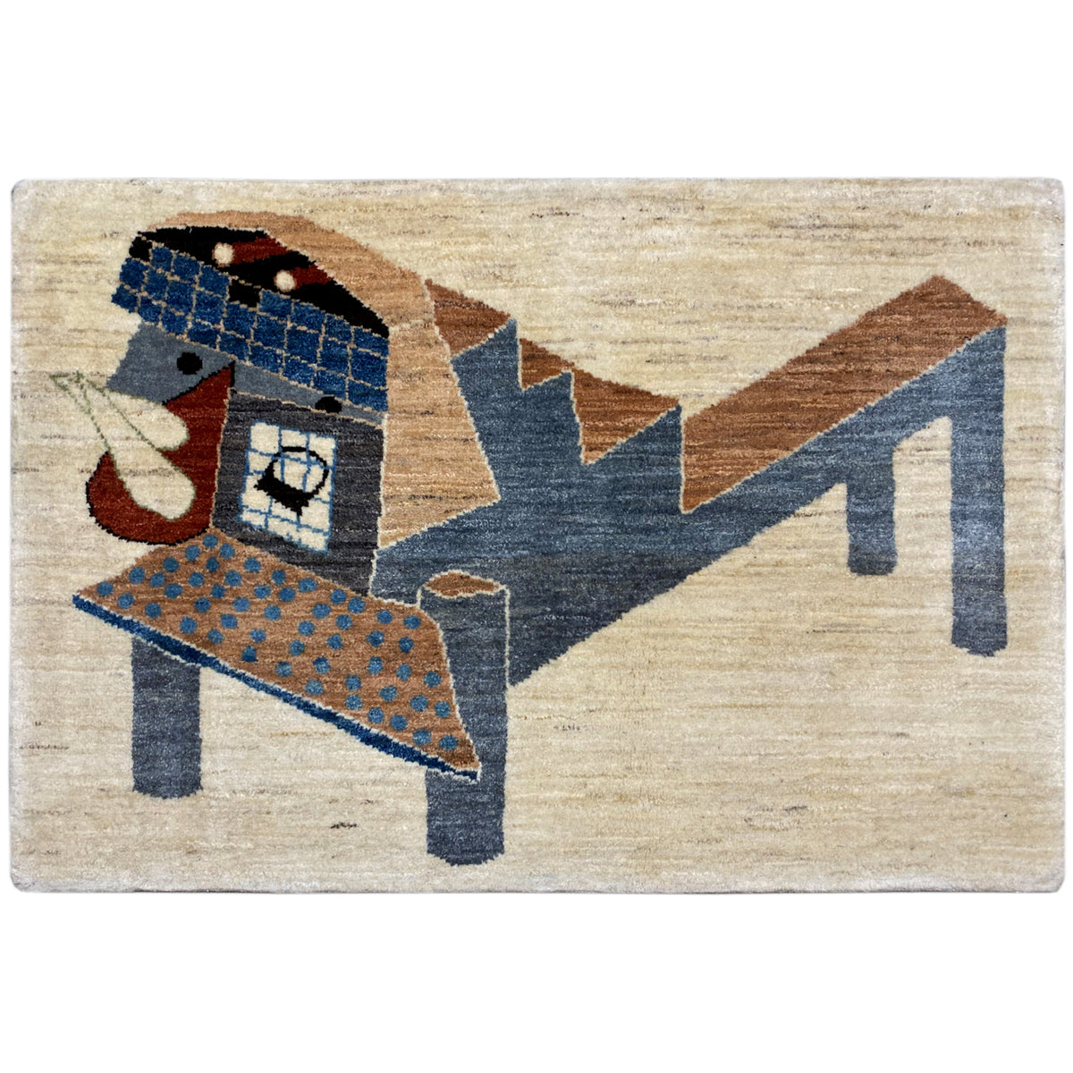 Gabbeh rug with an abstract pattern, beige background, blue, brown, and red shapes