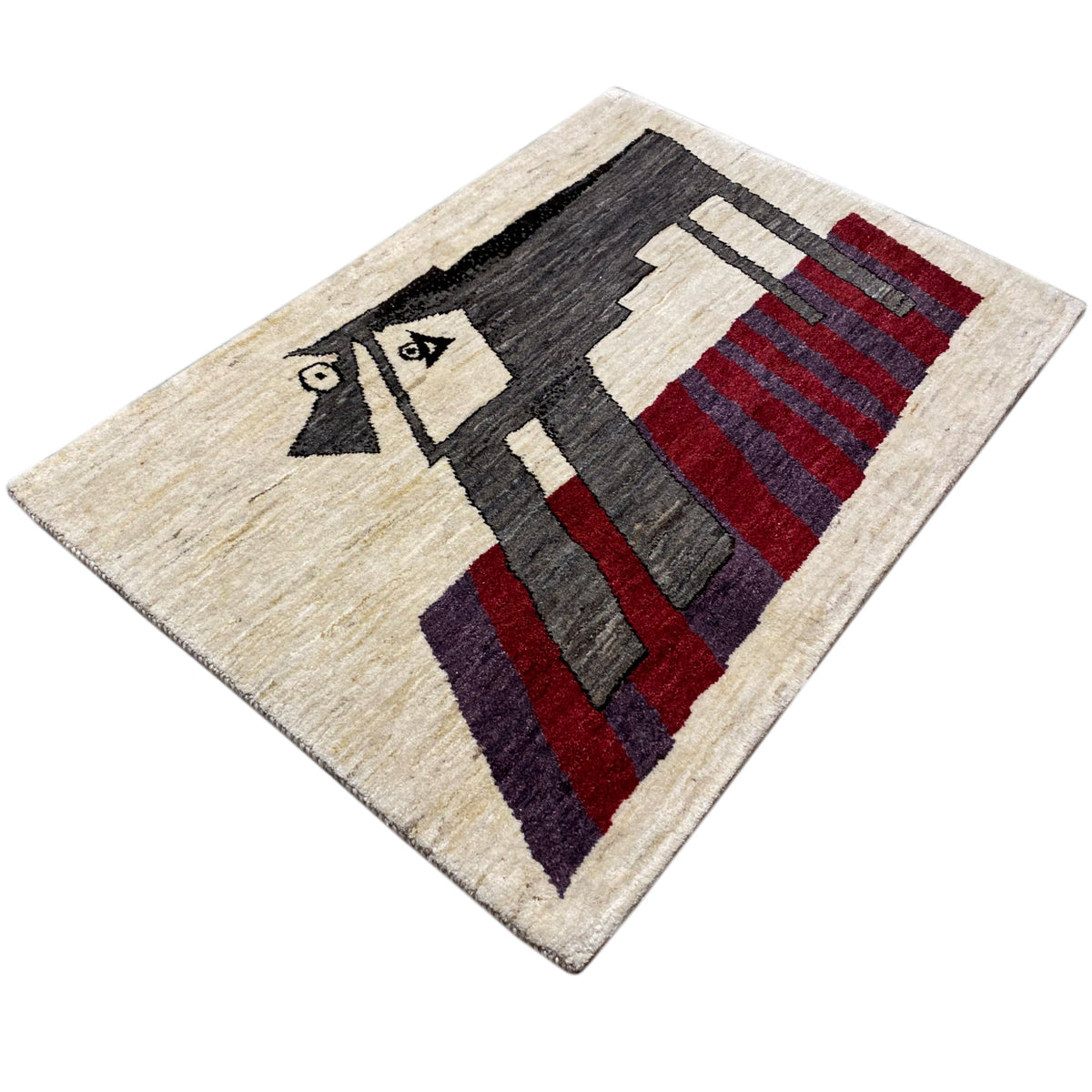 Beige Gabbeh rug with a geometric pattern in black, red, and gray