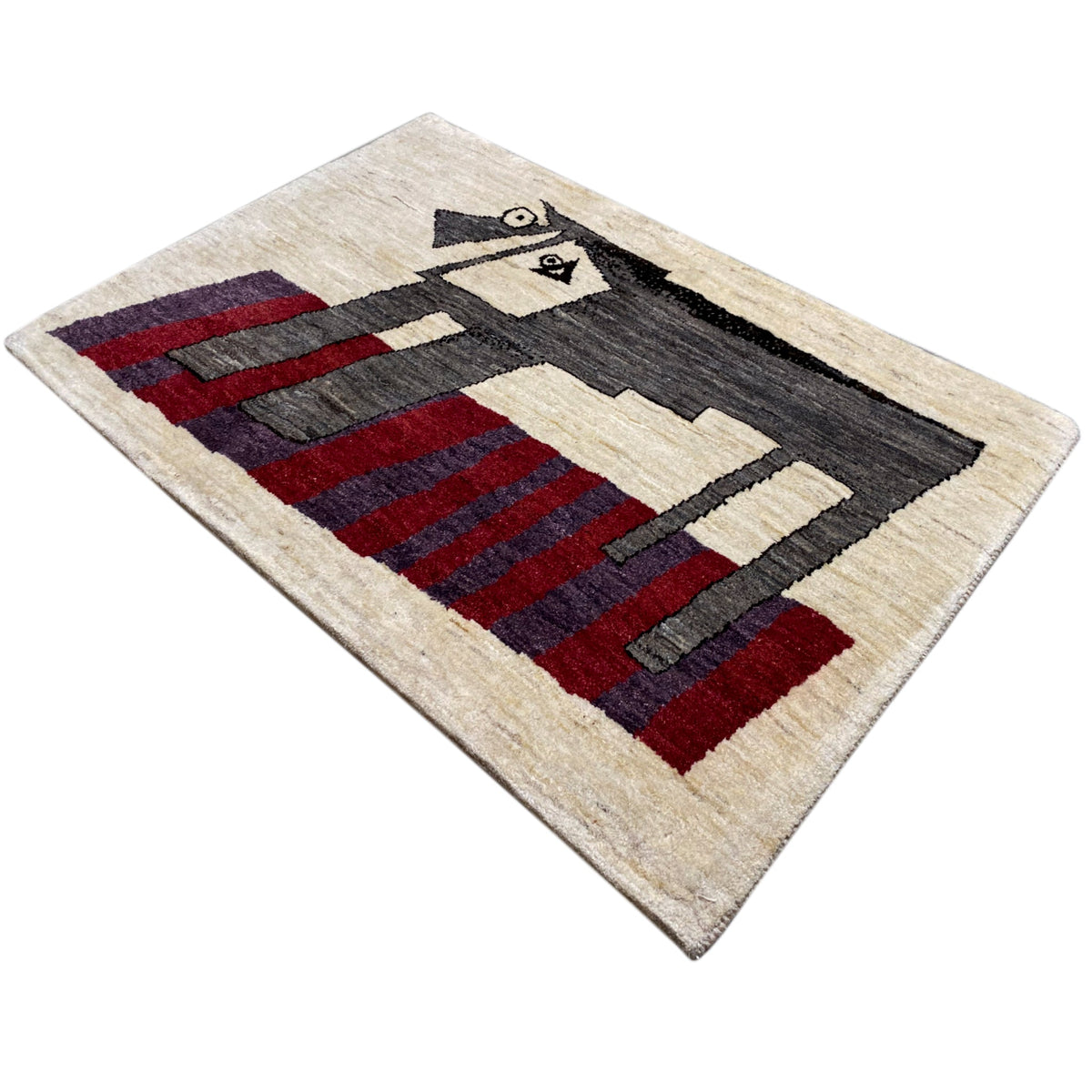 Beige Gabbeh rug with an abstract pattern and accents in black and red