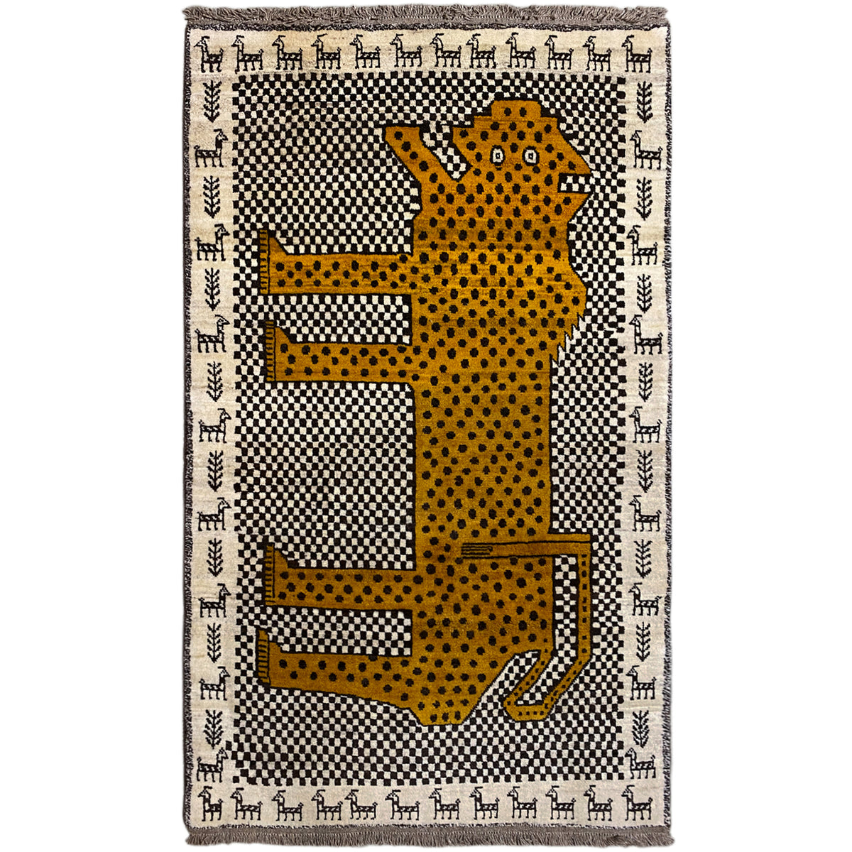 Gabbeh rug with leopard motif in yellow, black and white, rectangular, fringes