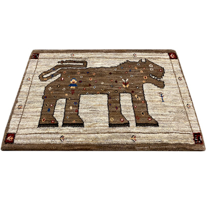 Rectangular Gabbeh rug with a stylized lion motif in dark brown and beige