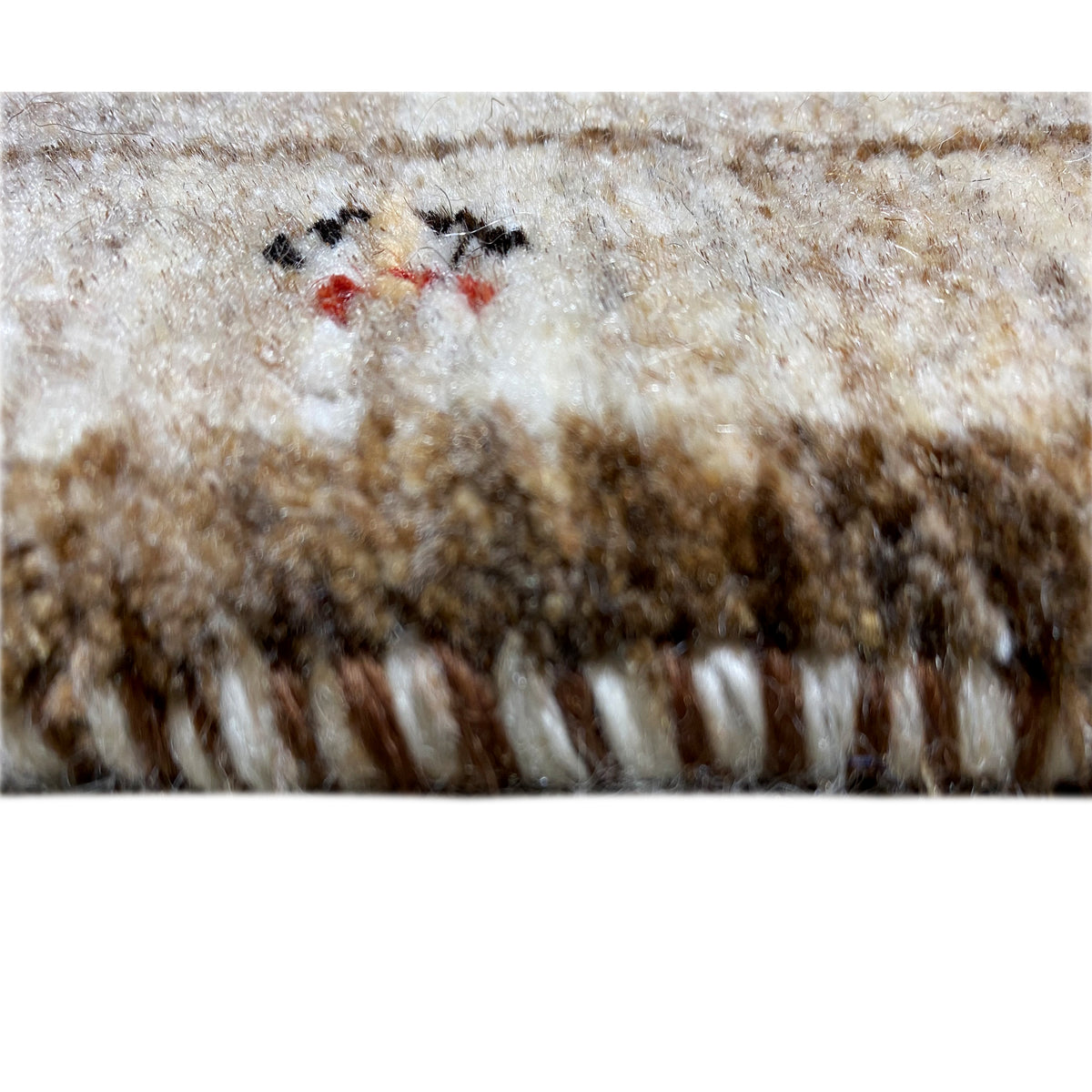 Close-up of carpet pile: beige and brown fibers with small colorful embroidery