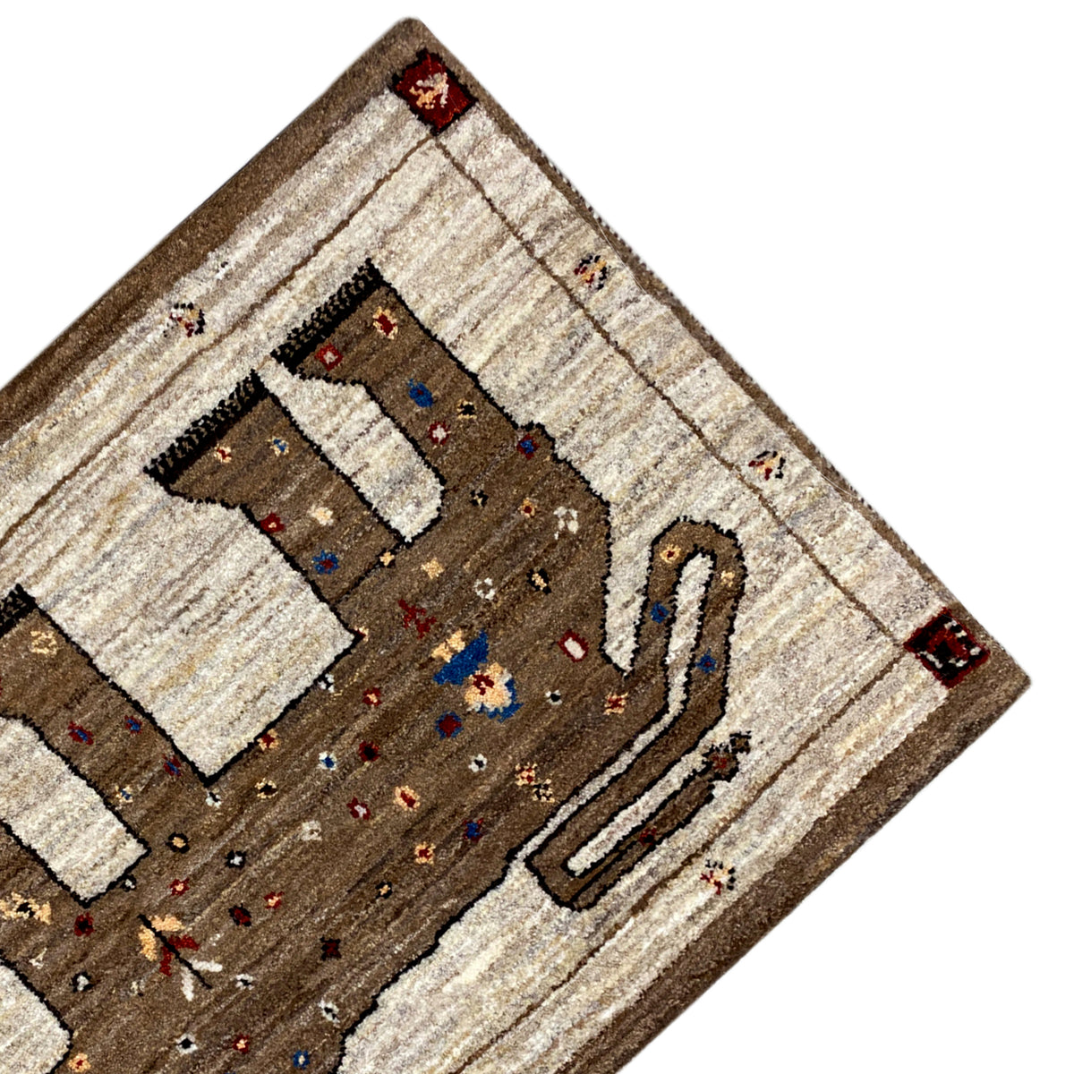 Diagonal Gabbeh rug with lion motif and multicolored dot decoration, beige-brown