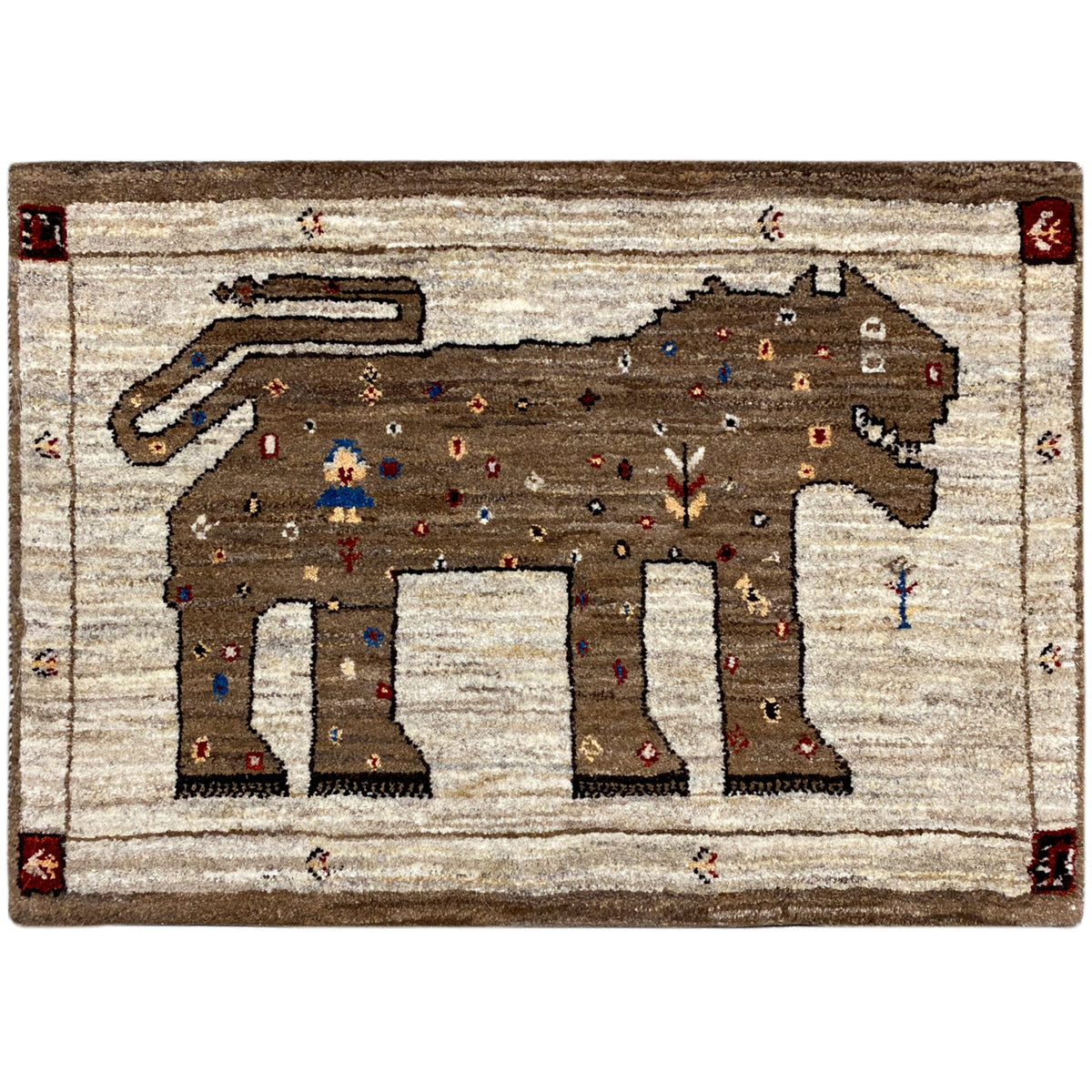 Gabbeh rug with lion motif, beige-brown background, and multicolored accents, rectangular
