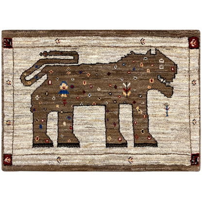 Gabbeh rug with lion motif, beige-brown background, and multicolored accents, rectangular