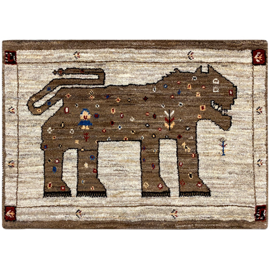 Gabbeh rug with lion motif, beige-brown background, and multicolored accents, rectangular