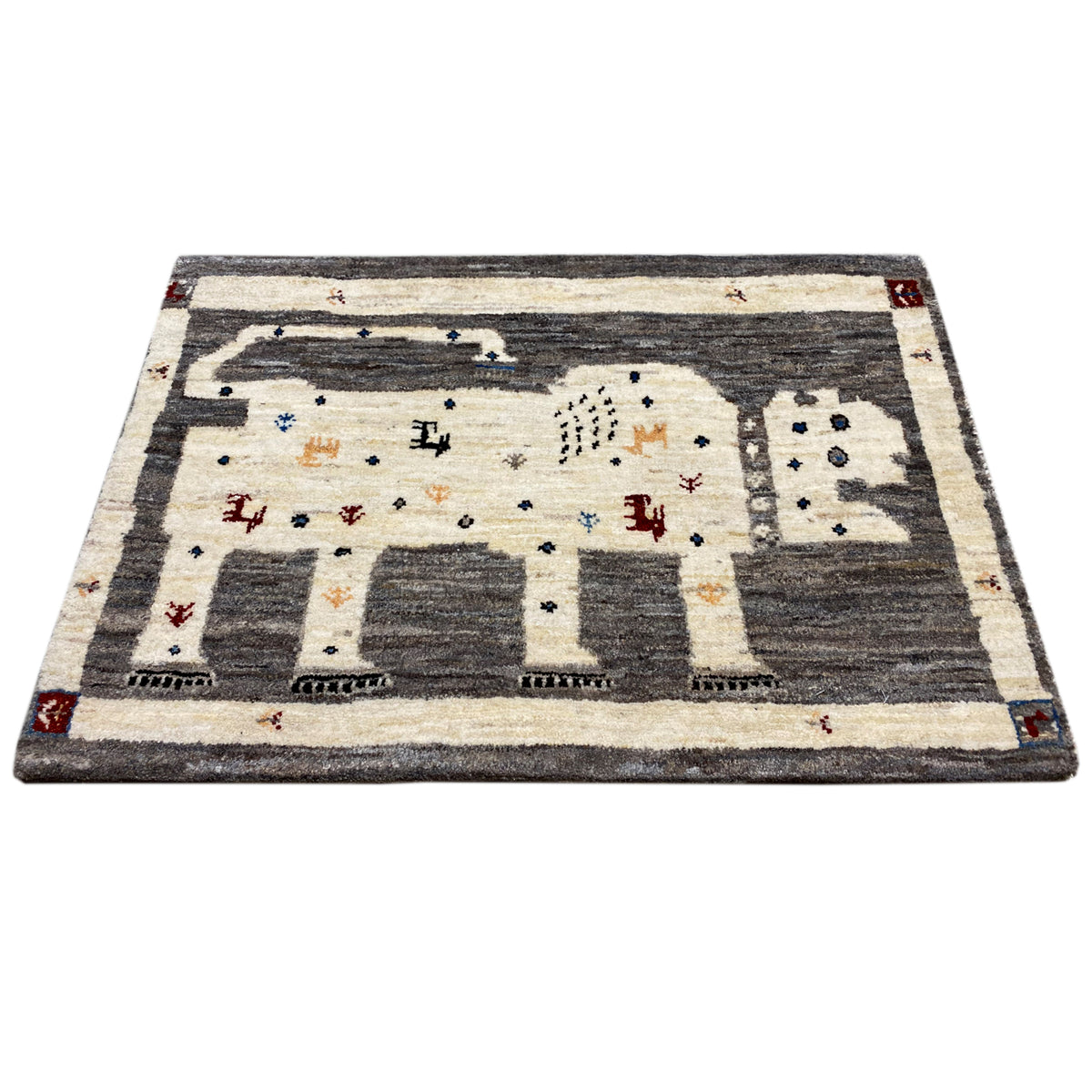Gabbeh rug 89x60 cm, flat-woven, wide stripe design in dark gray and cream