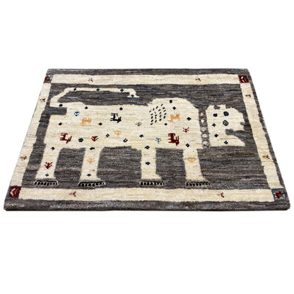 Gabbeh rug 89x60 cm, flat-woven, wide stripe design in dark gray and cream