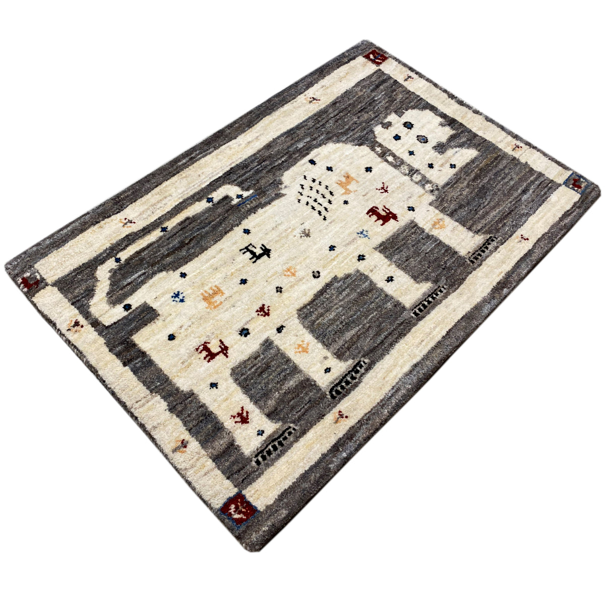 Gabbeh rug 89x60 cm, angled, white-cream areas with dark gray bars and motifs