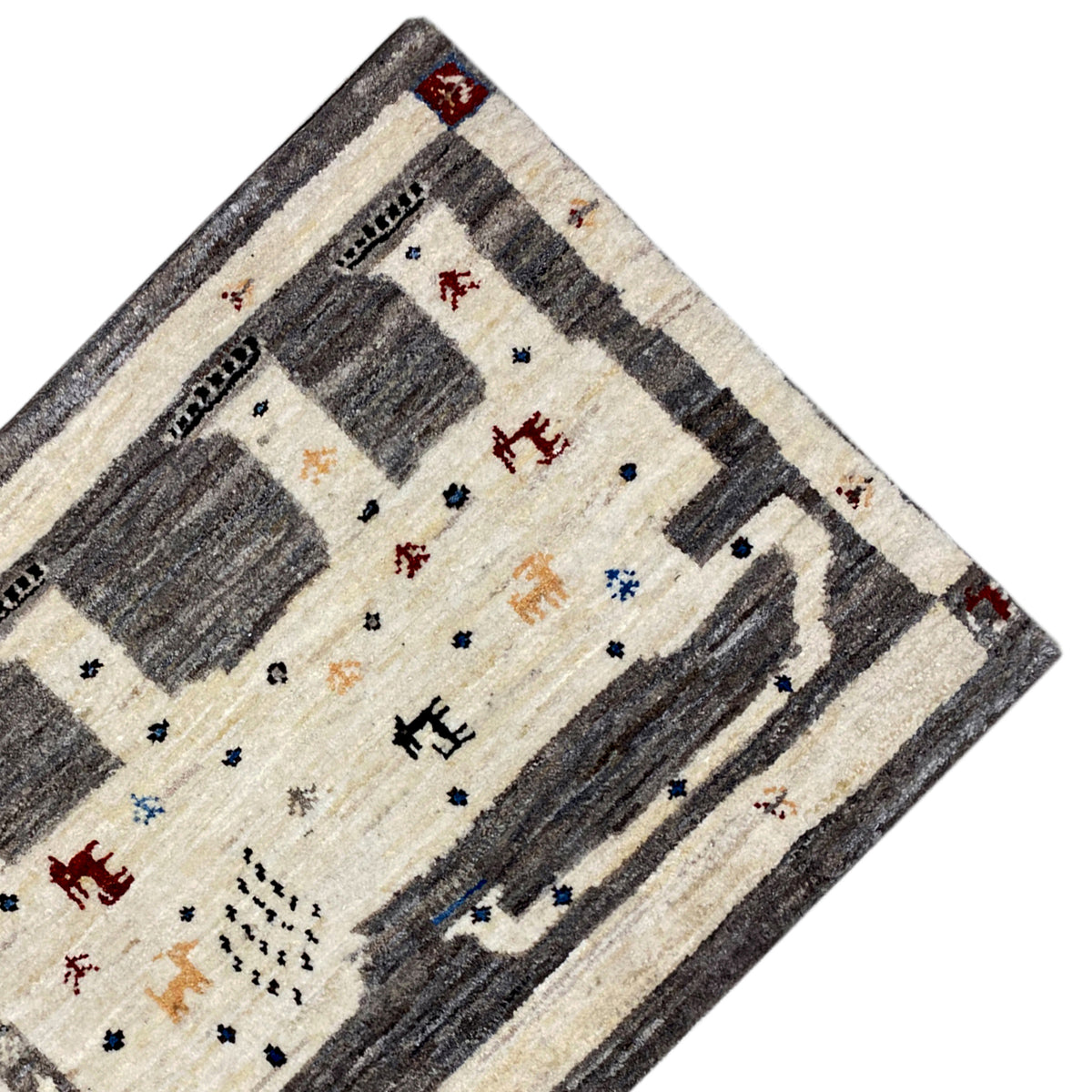 Gabbeh rug 89x60 cm detail, rectangular ornaments in dark gray, cream, and red/blue