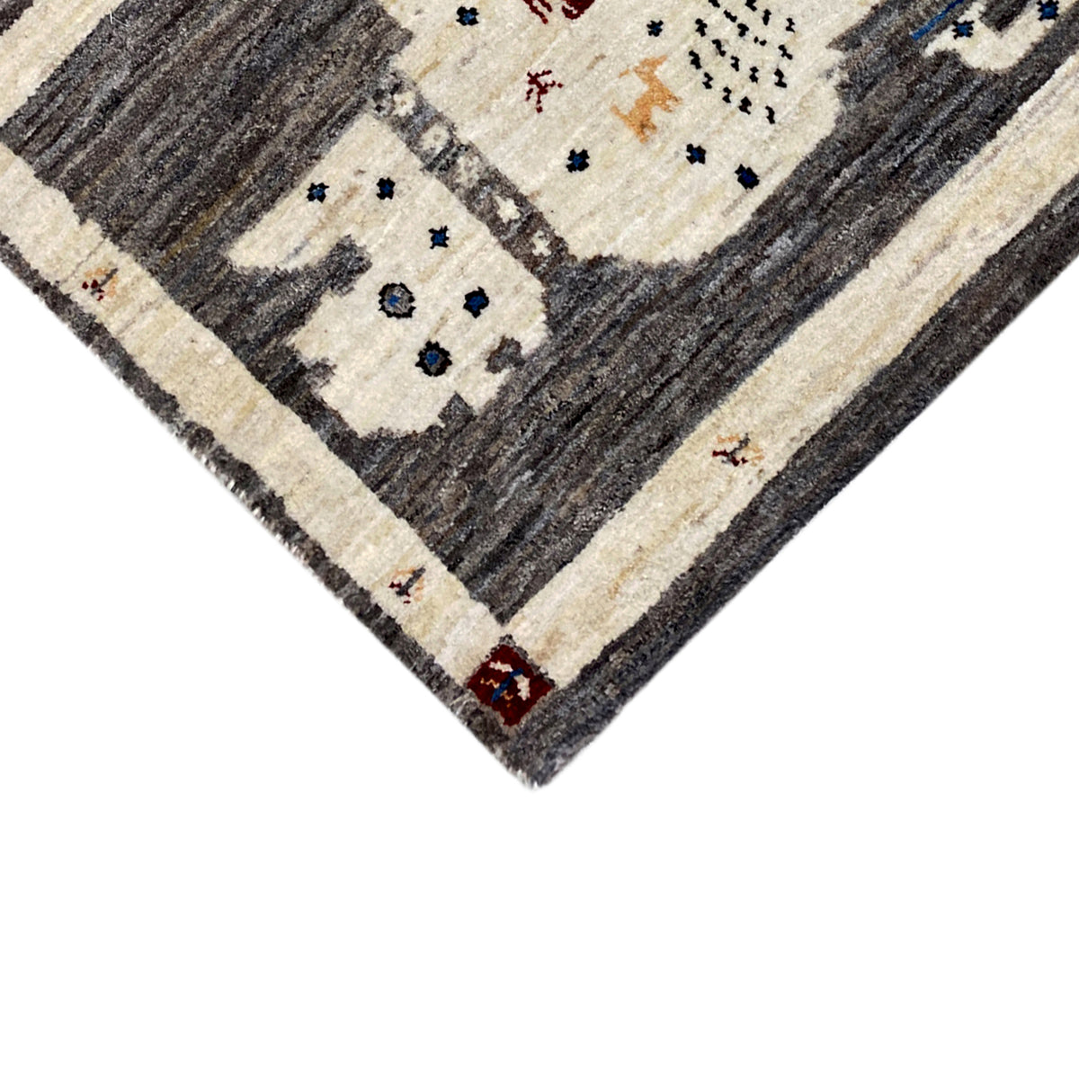 Gabbeh rug 89x60 cm, corner with a framed pattern and colorful small dots, dark gray/cream