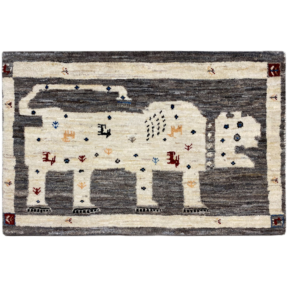 Gabbeh rug 89x60 cm with a geometric pattern in dark gray and cream, colorfully embroidered