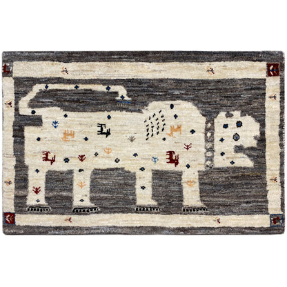 Gabbeh rug 89x60 cm with a geometric pattern in dark gray and cream, colorfully embroidered
