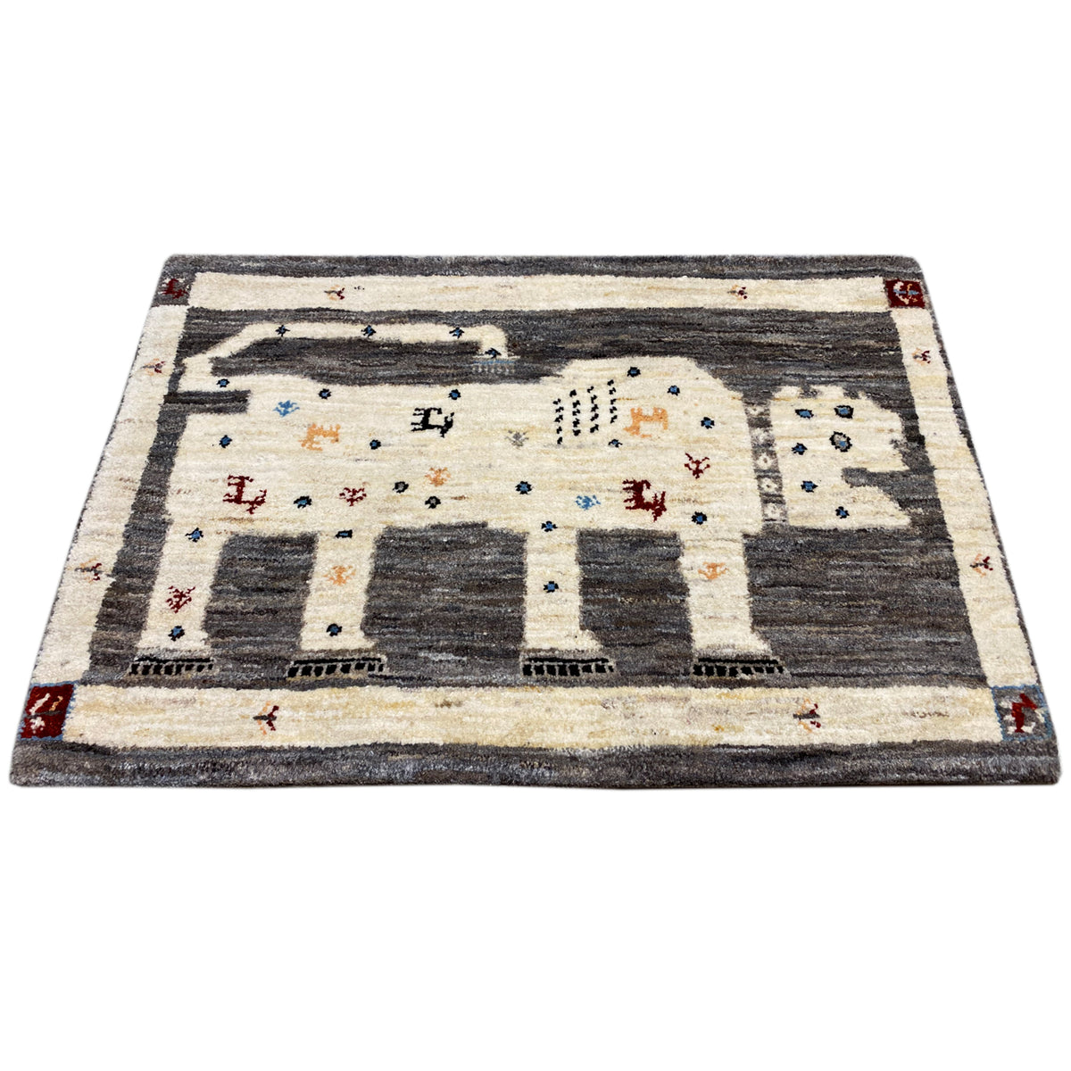 Gabbeh rug with a lion motif, cream and dark gray, blue-red shaded patterns